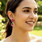 pink floral teardrop dangle earrings with crystal studded frame