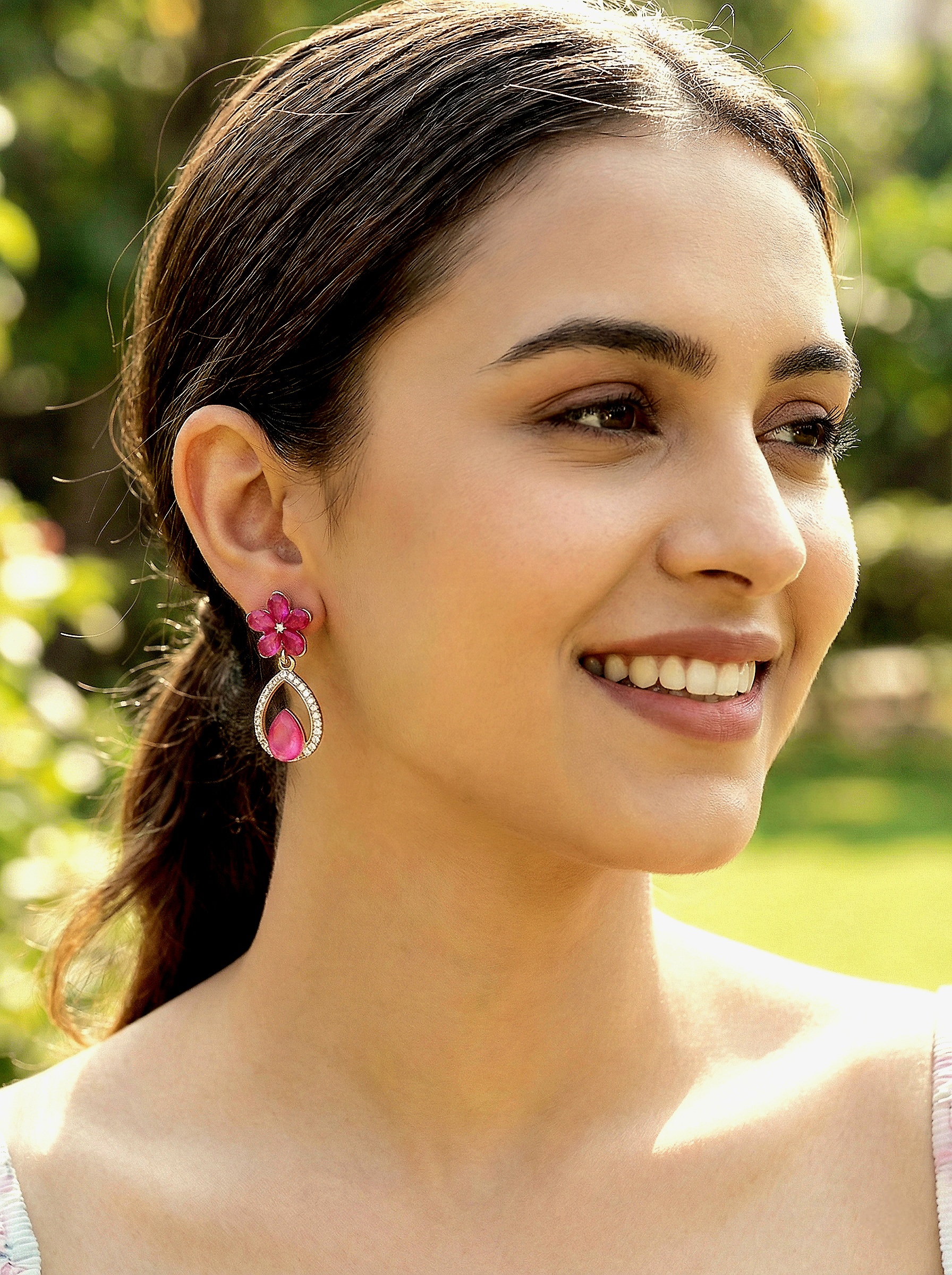 pink floral teardrop dangle earrings with crystal studded frame