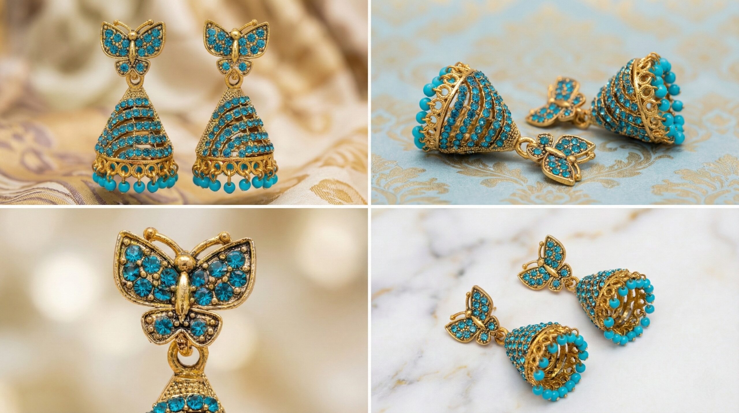 butterfly design stone gold plated jhumka earrings
