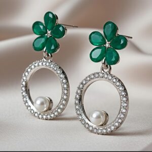 green floral stud circle drop earrings with pearl accent