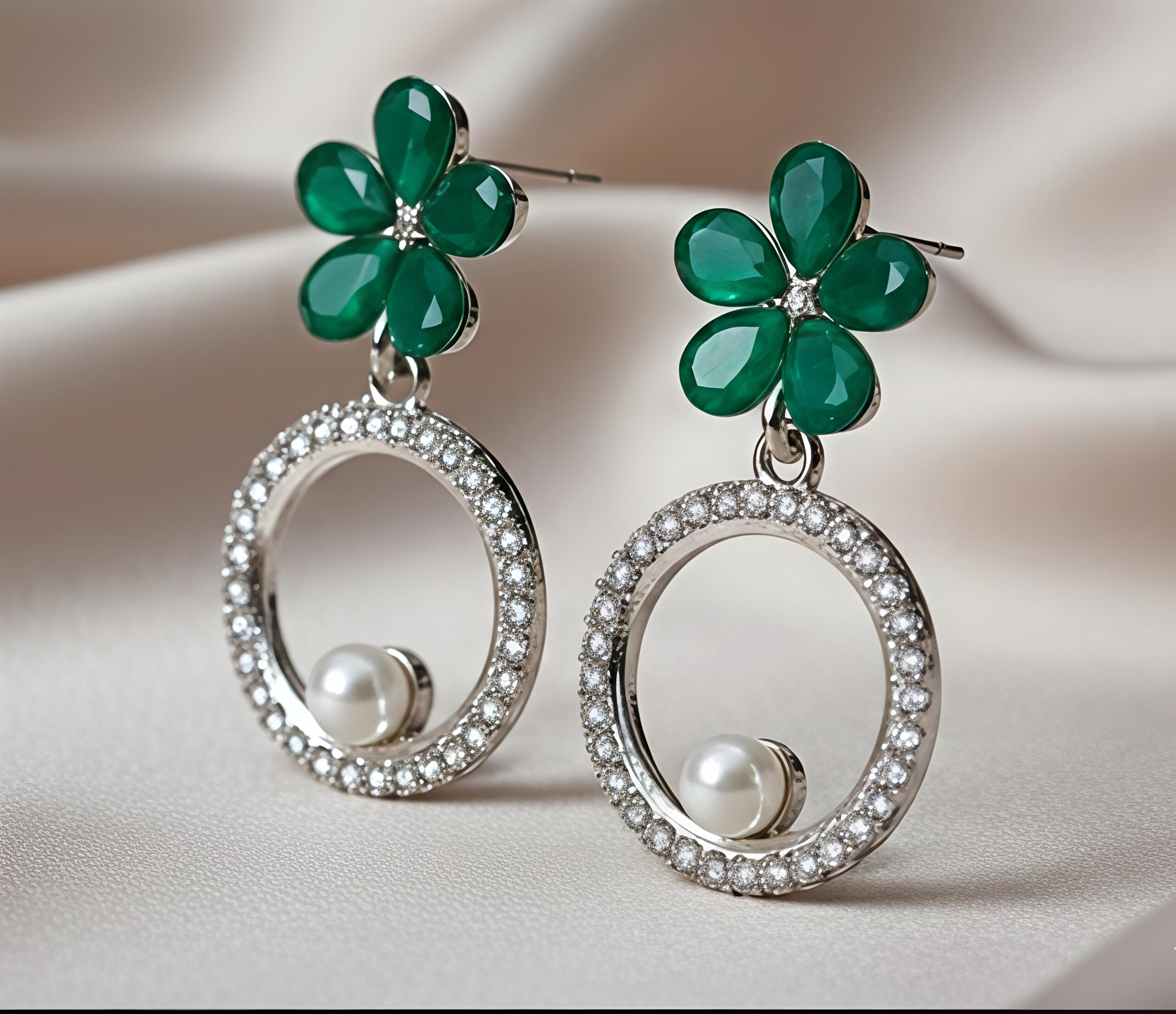 green floral stud circle drop earrings with pearl accent