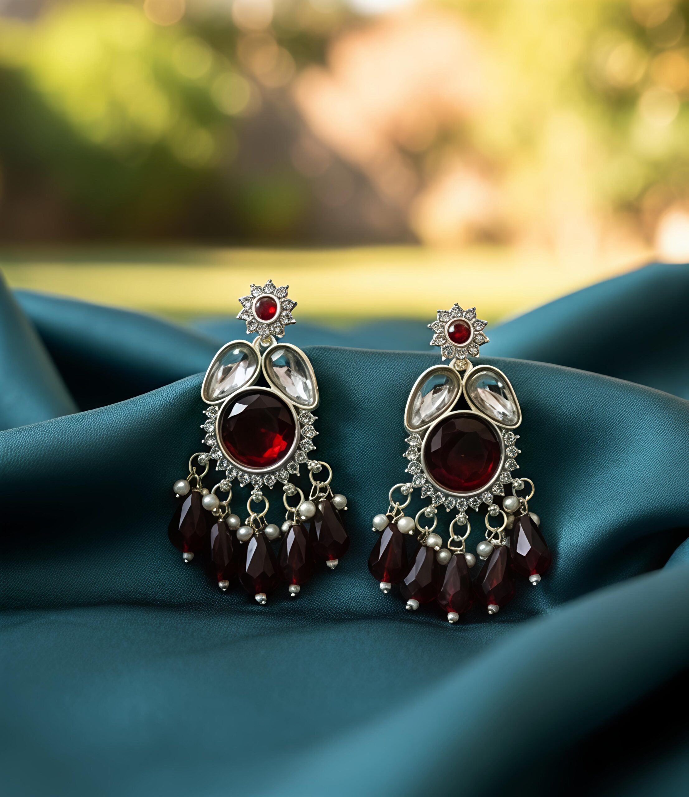 traditional red stone & pearl drop dangler earrings