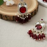 traditional red stone & pearl drop dangler earrings