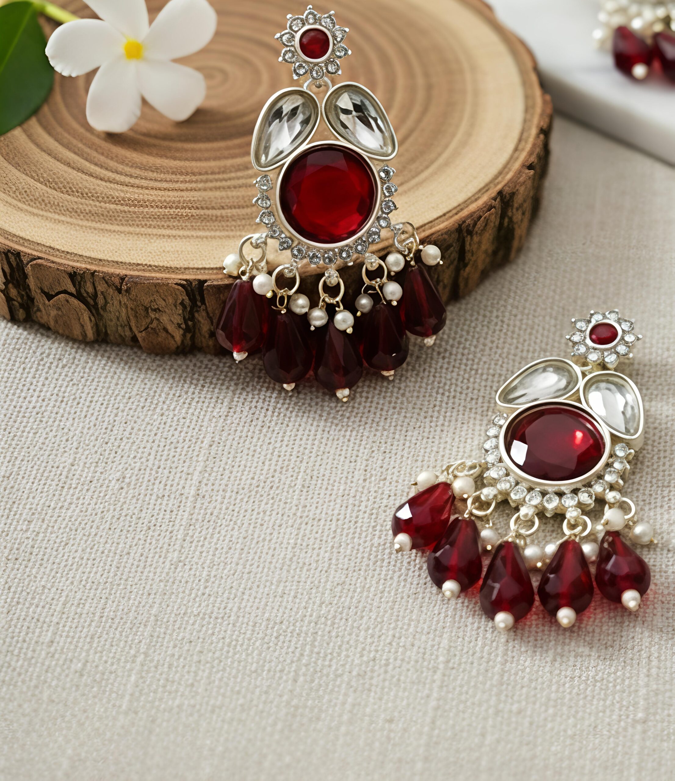 traditional red stone & pearl drop dangler earrings