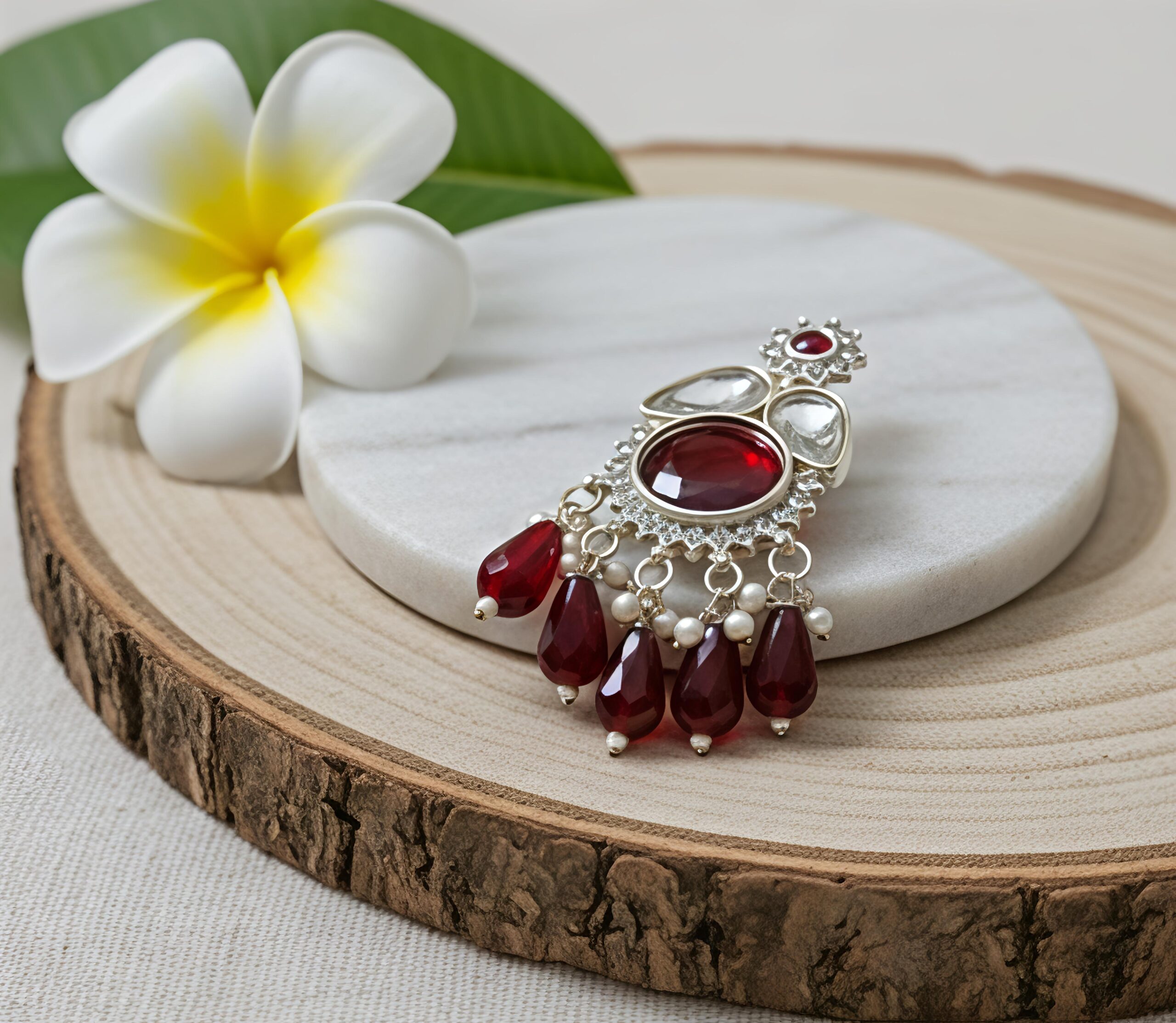 traditional red stone & pearl drop dangler earrings