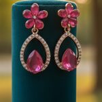 pink floral teardrop dangle earrings with crystal studded frame