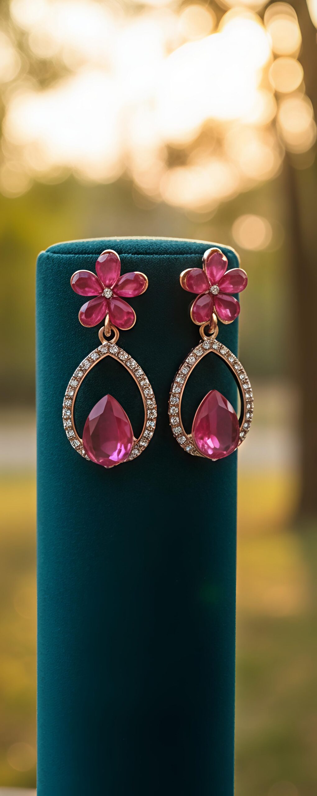 pink floral teardrop dangle earrings with crystal studded frame