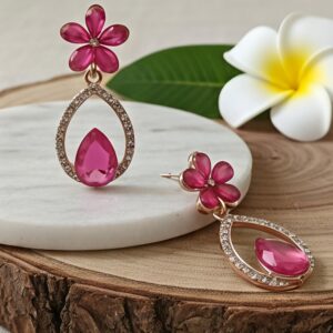 pink floral teardrop dangle earrings with crystal studded frame