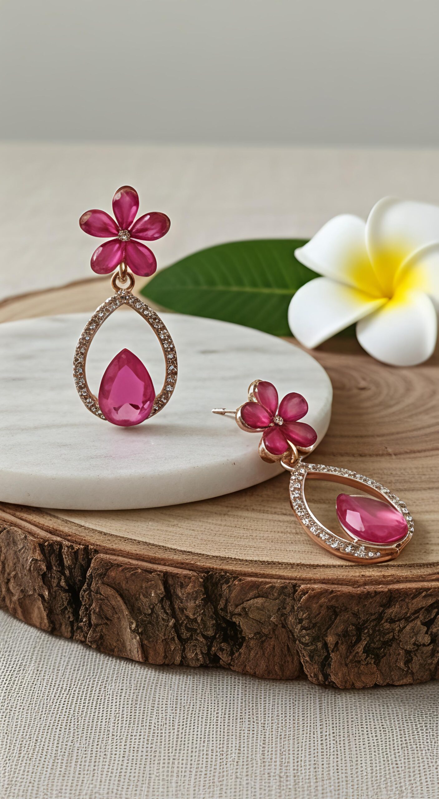 pink floral teardrop dangle earrings with crystal studded frame