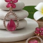 pink floral teardrop dangle earrings with crystal studded frame
