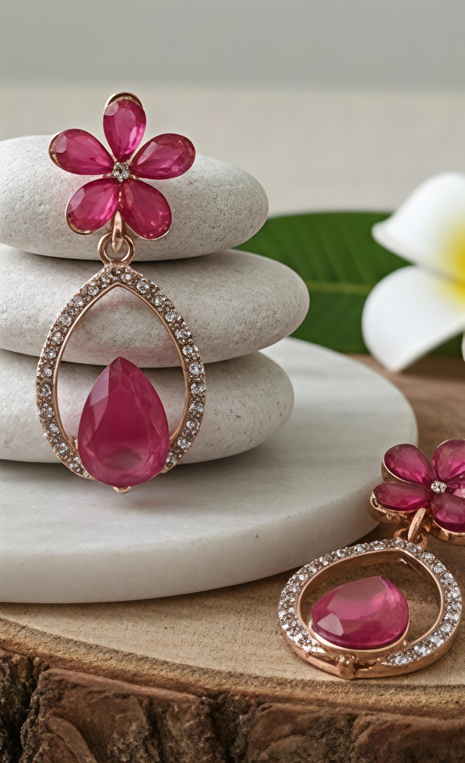 pink floral teardrop dangle earrings with crystal studded frame