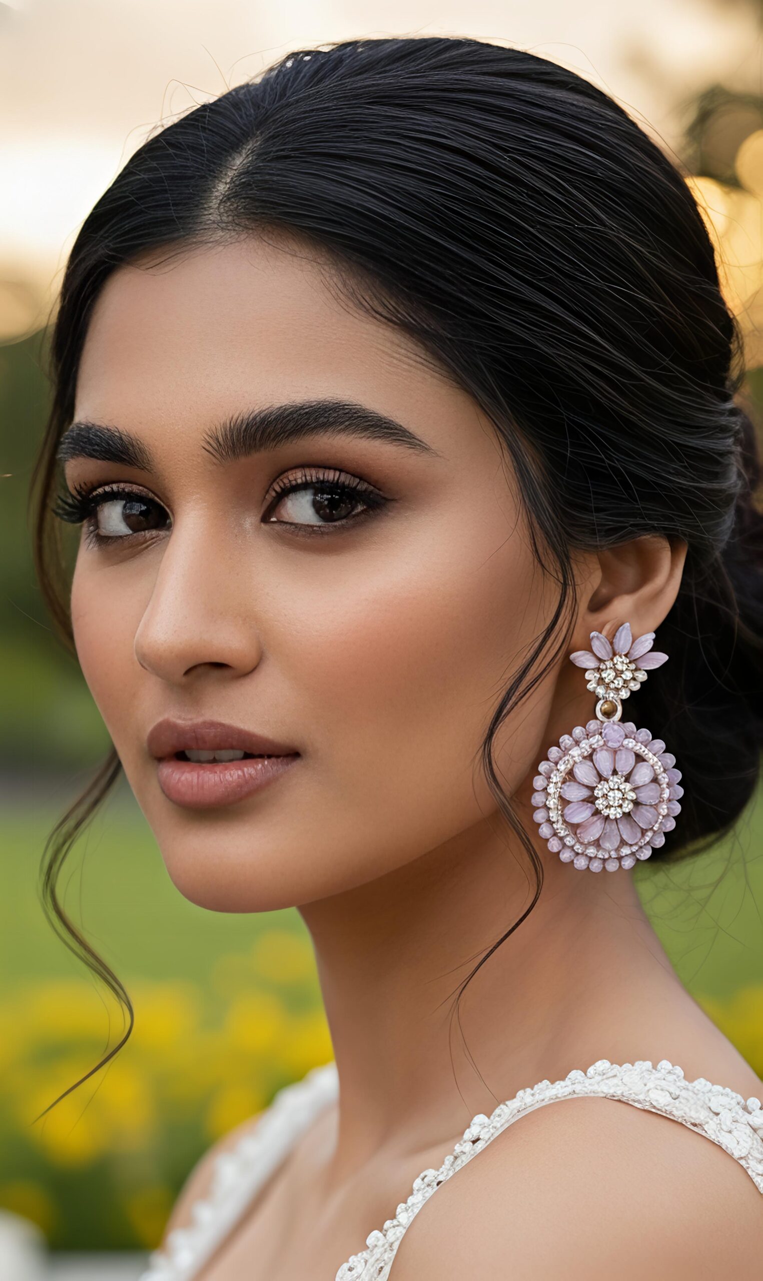 elegant floral round stone drop earrings – red / lavender