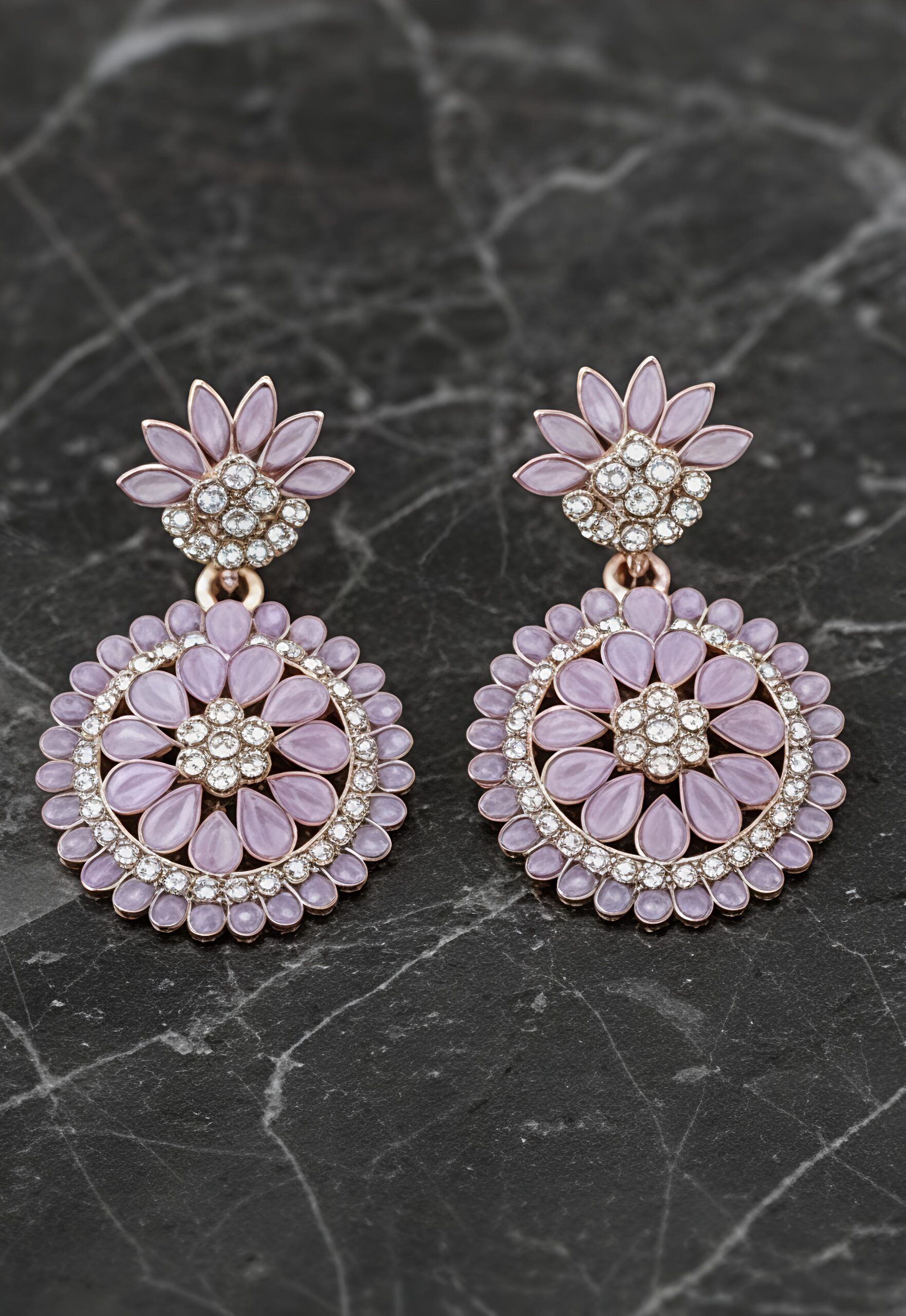 elegant floral round stone drop earrings – red / lavender