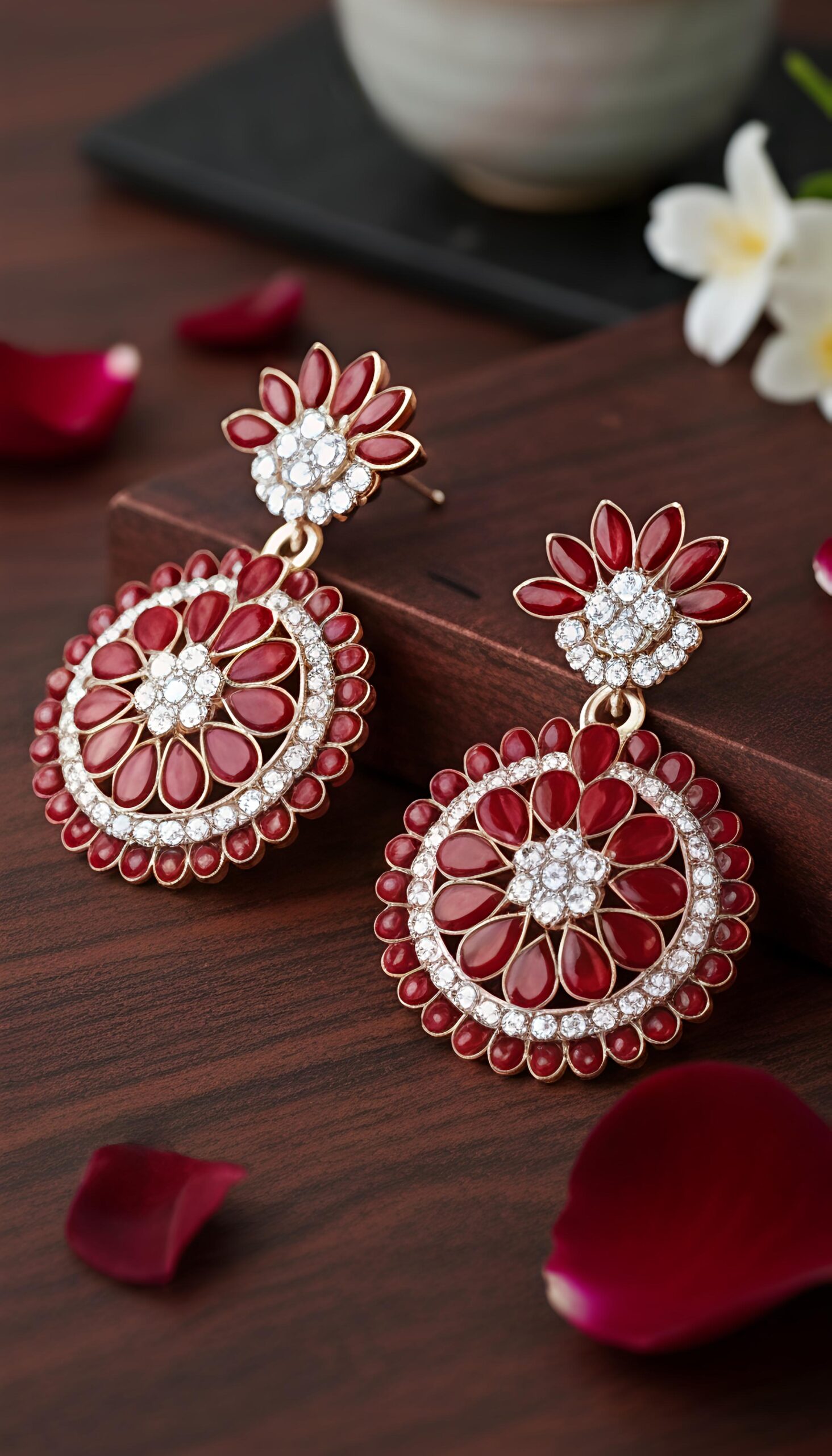 elegant floral round stone drop earrings – red / lavender