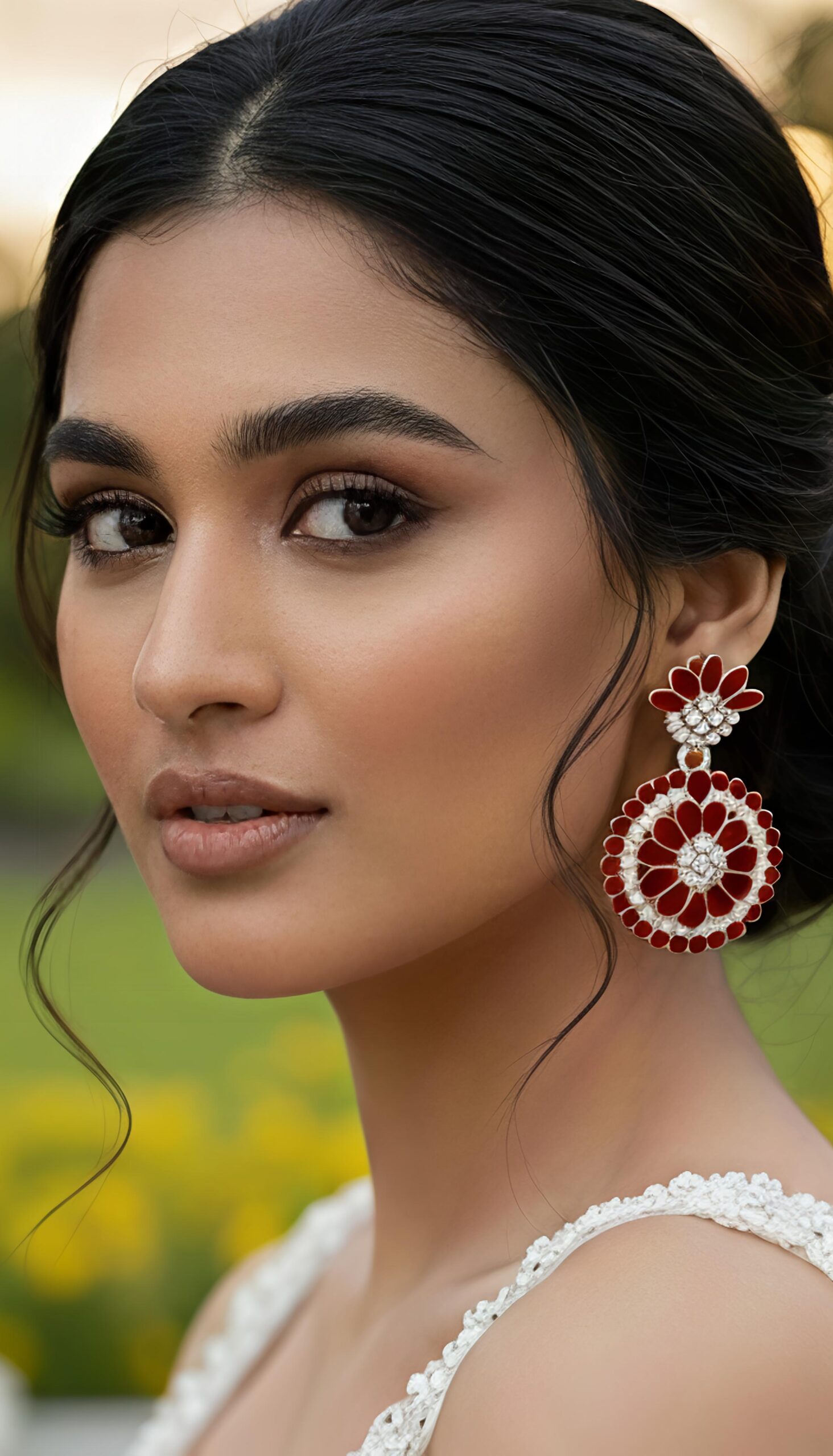 elegant floral round stone drop earrings – red / lavender