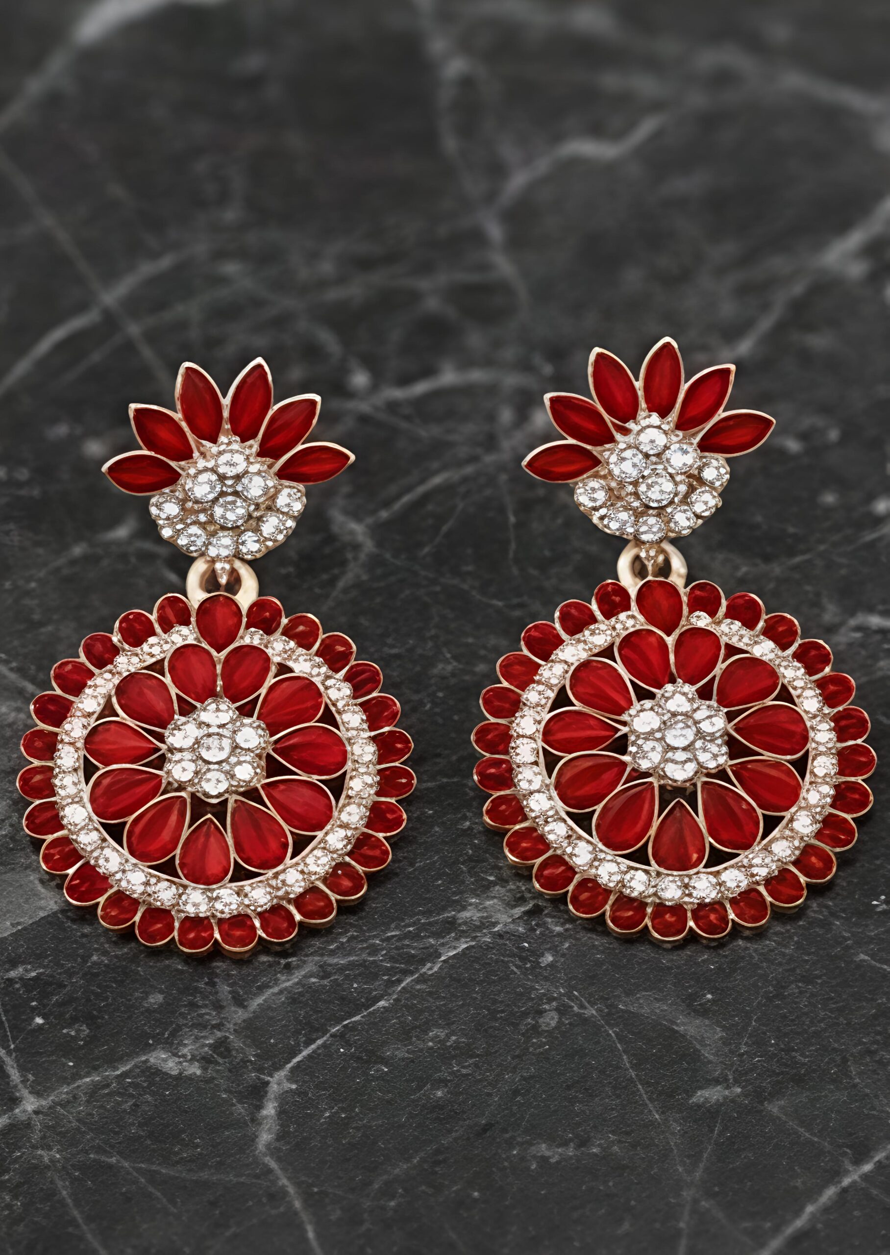 elegant floral round stone drop earrings – red / lavender