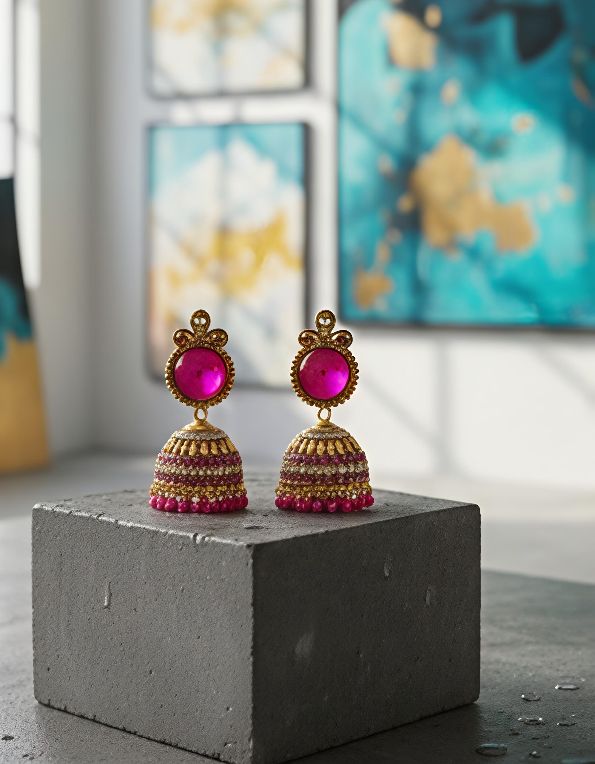 traditional pink stone gold plated jhumka earrings