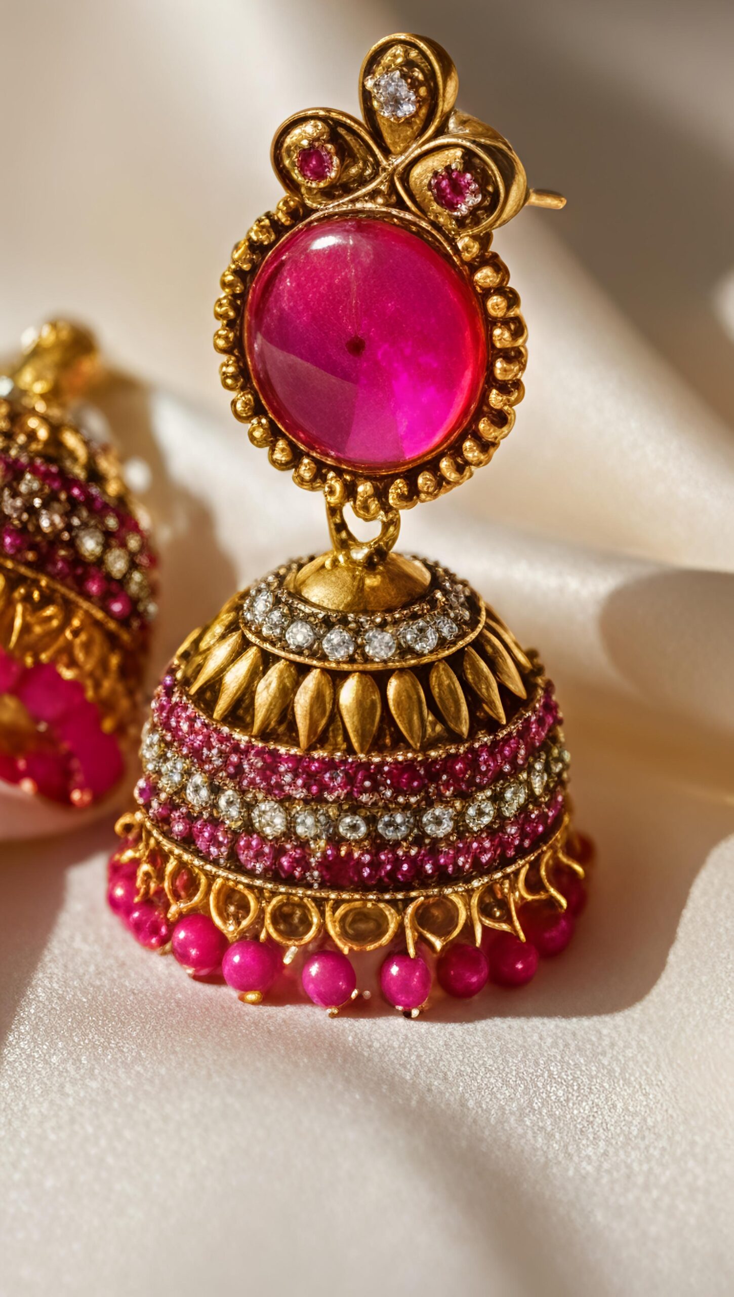 traditional pink stone gold plated jhumka earrings