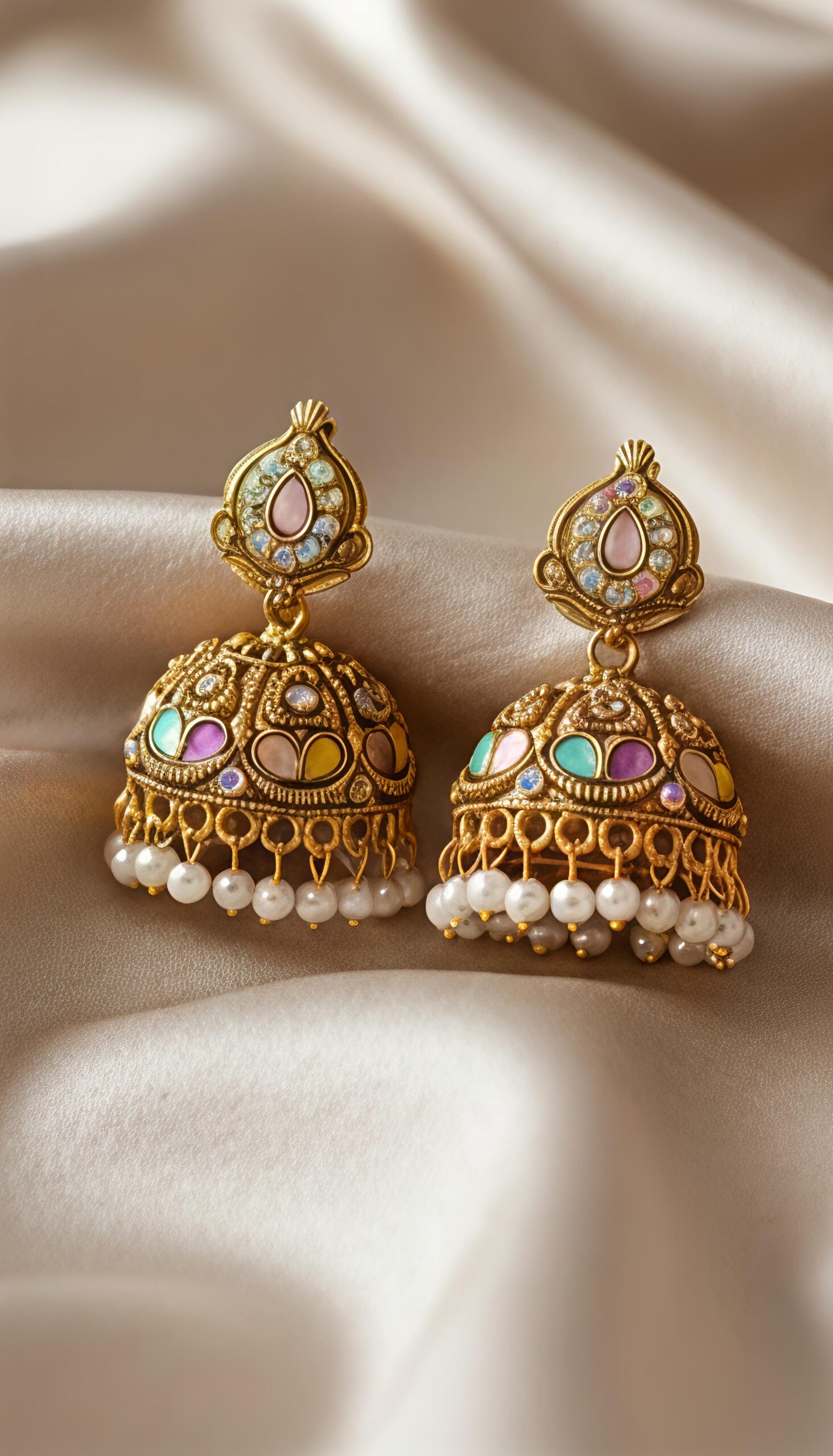 traditional gold tone multicolor stone jhumka earrings with pearl drops