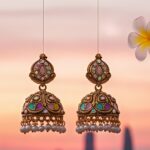 traditional gold tone multicolor stone jhumka earrings with pearl drops