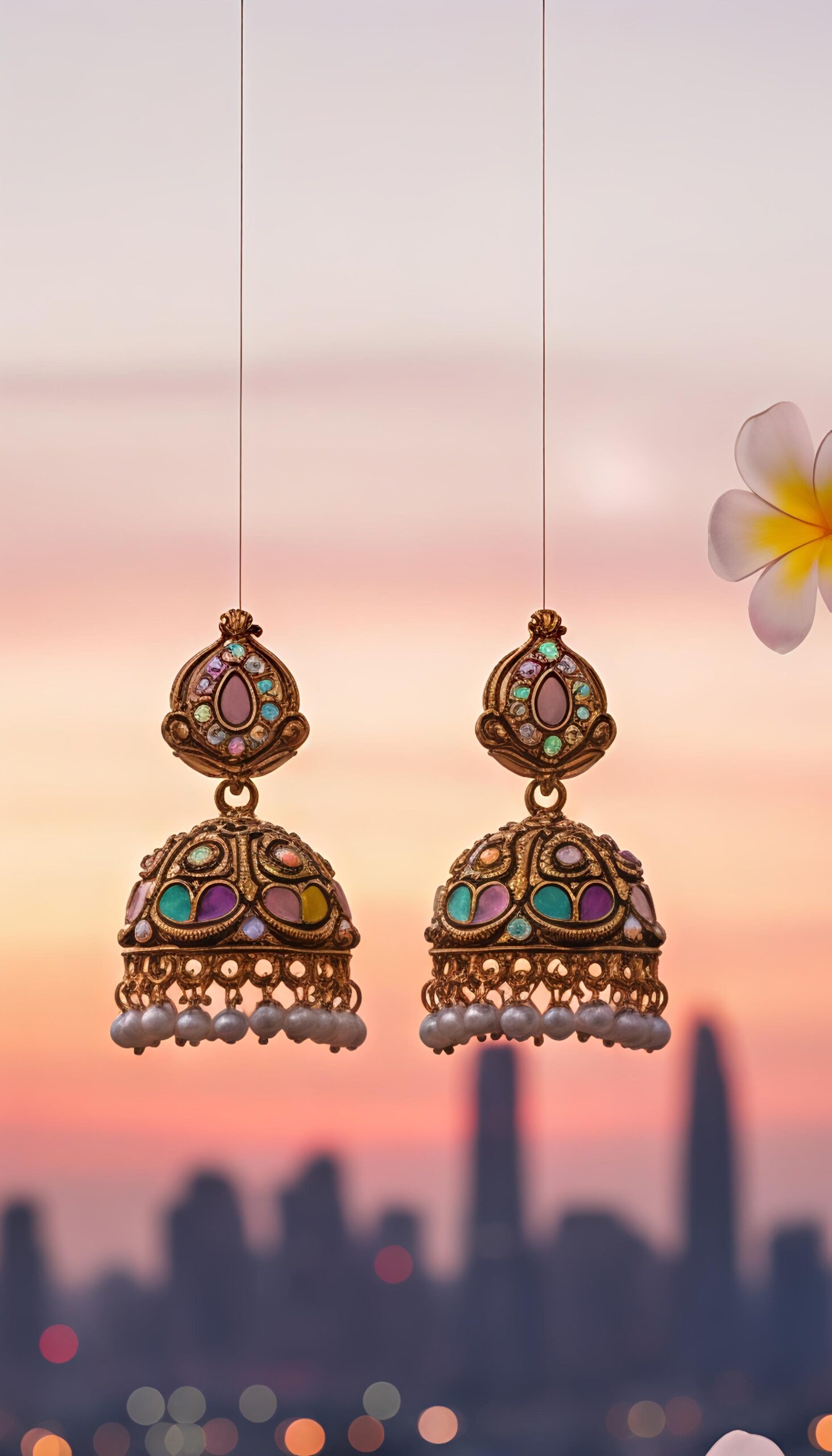 traditional gold tone multicolor stone jhumka earrings with pearl drops
