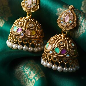 traditional gold tone multicolor stone jhumka earrings with pearl drops