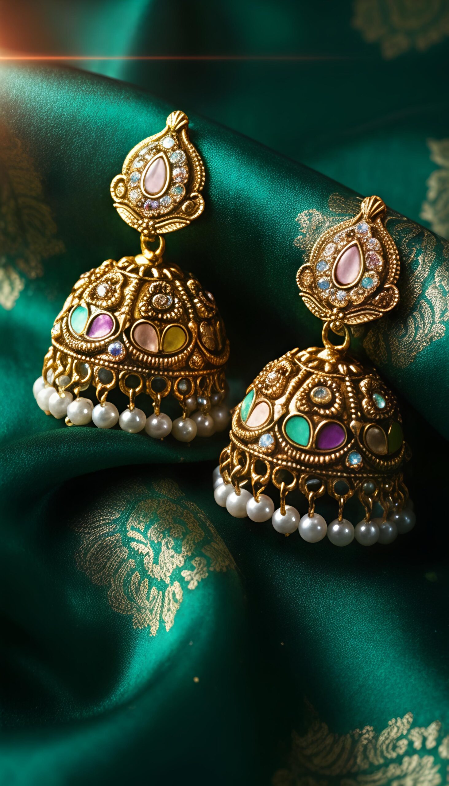 traditional gold tone multicolor stone jhumka earrings with pearl drops
