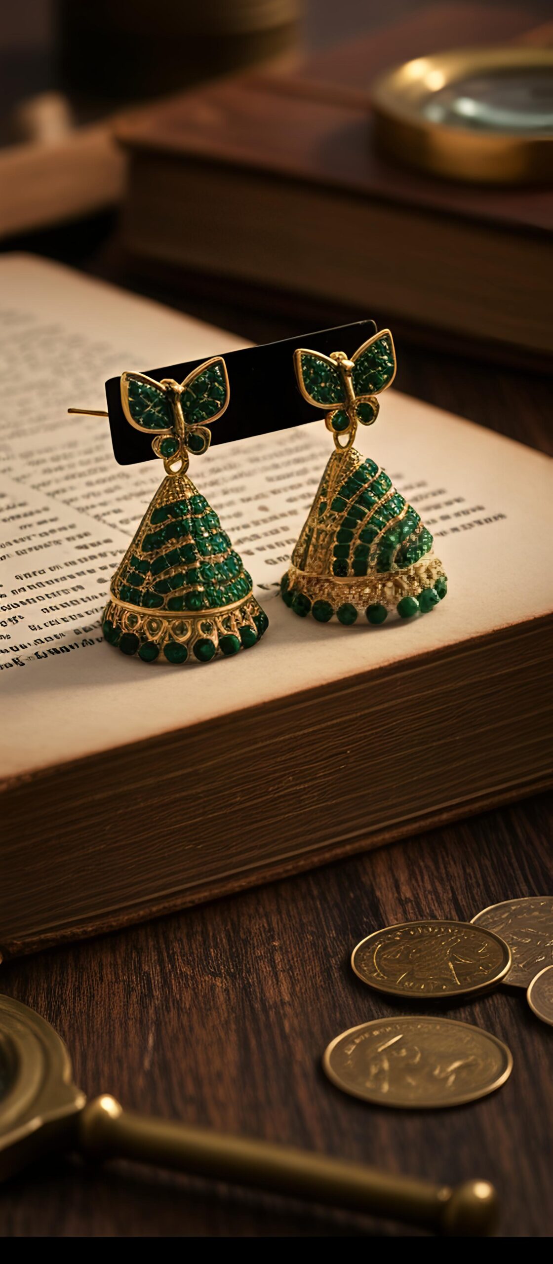 butterfly design stone gold plated jhumka earrings