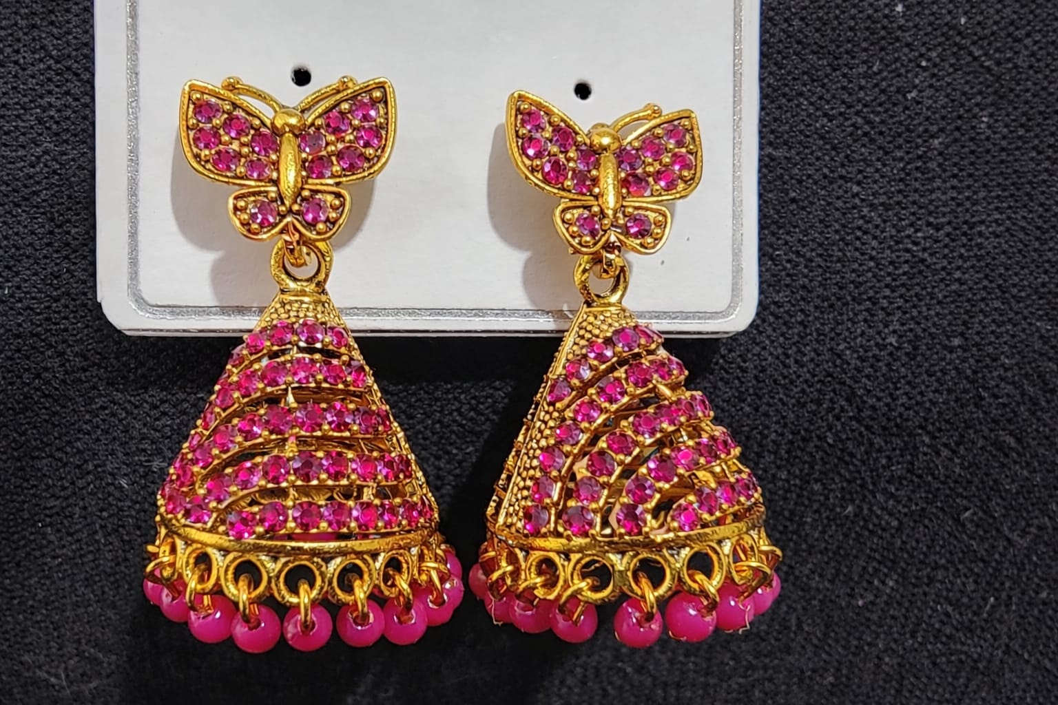 butterfly design stone gold plated jhumka earrings