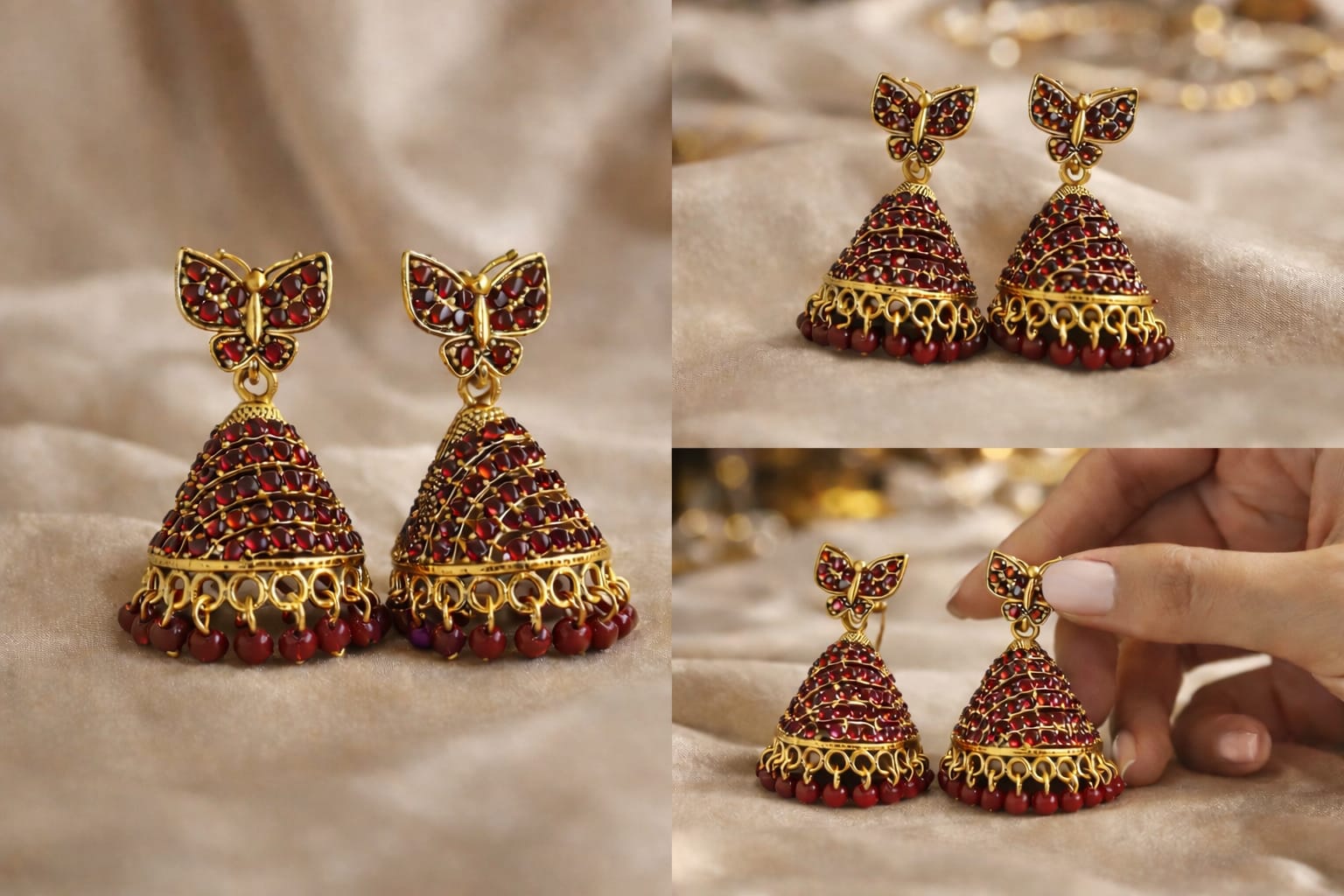 butterfly design stone gold plated jhumka earrings