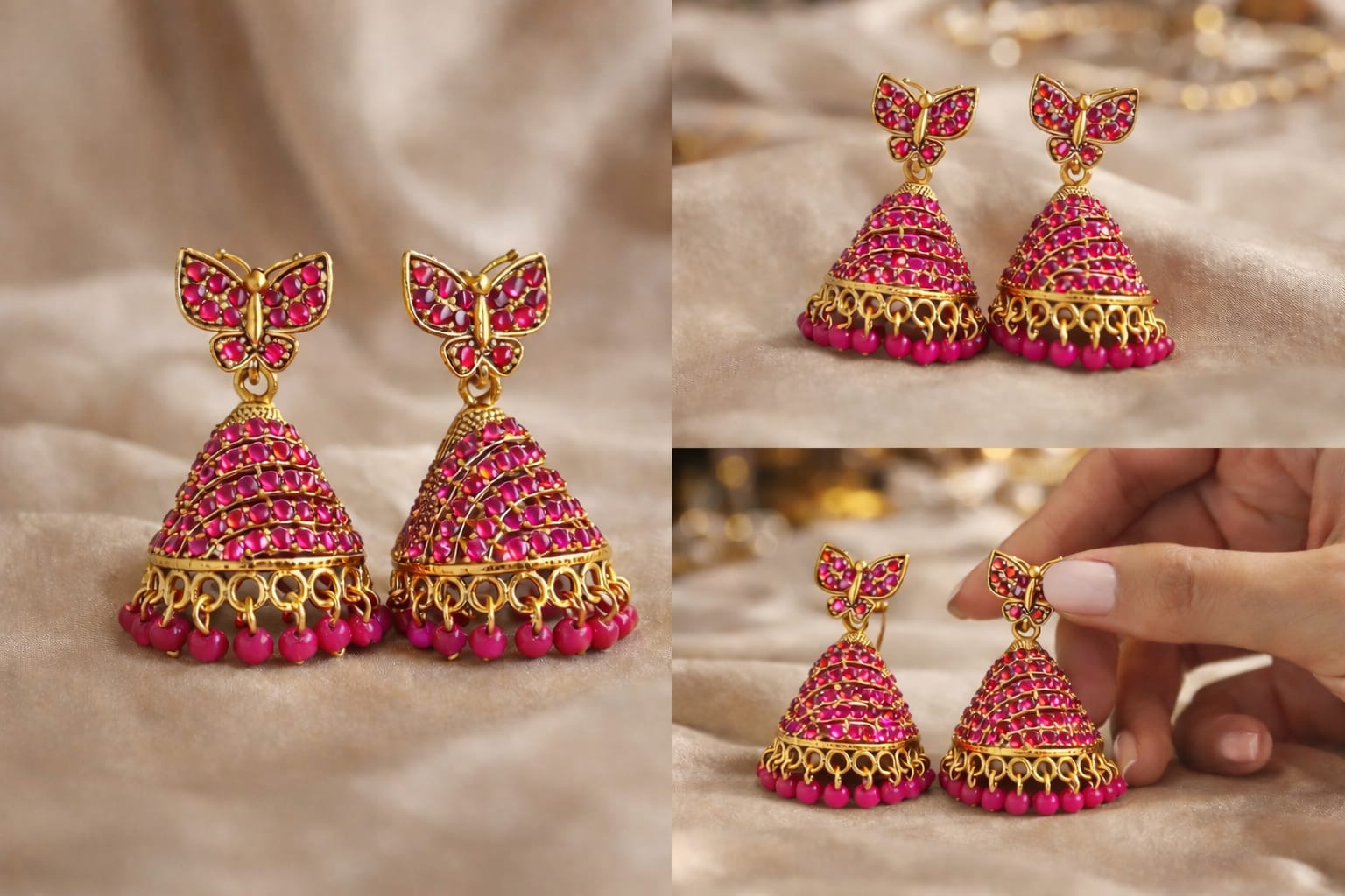 butterfly design stone gold plated jhumka earrings