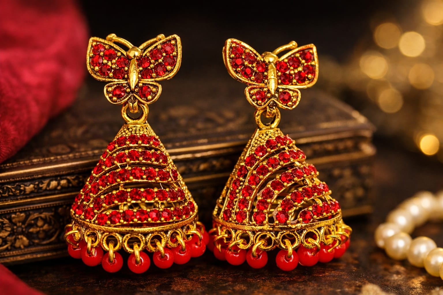 butterfly design stone gold plated jhumka earrings