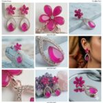 pink floral teardrop dangle earrings with crystal studded frame