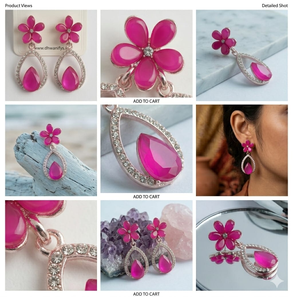 pink floral teardrop dangle earrings with crystal studded frame
