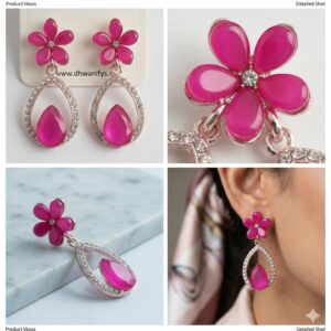 pink floral teardrop dangle earrings with crystal studded frame