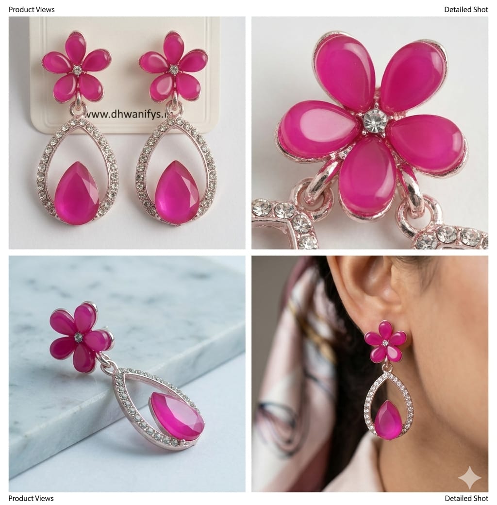 pink floral teardrop dangle earrings with crystal studded frame