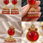 traditional pink stone gold plated jhumka earrings