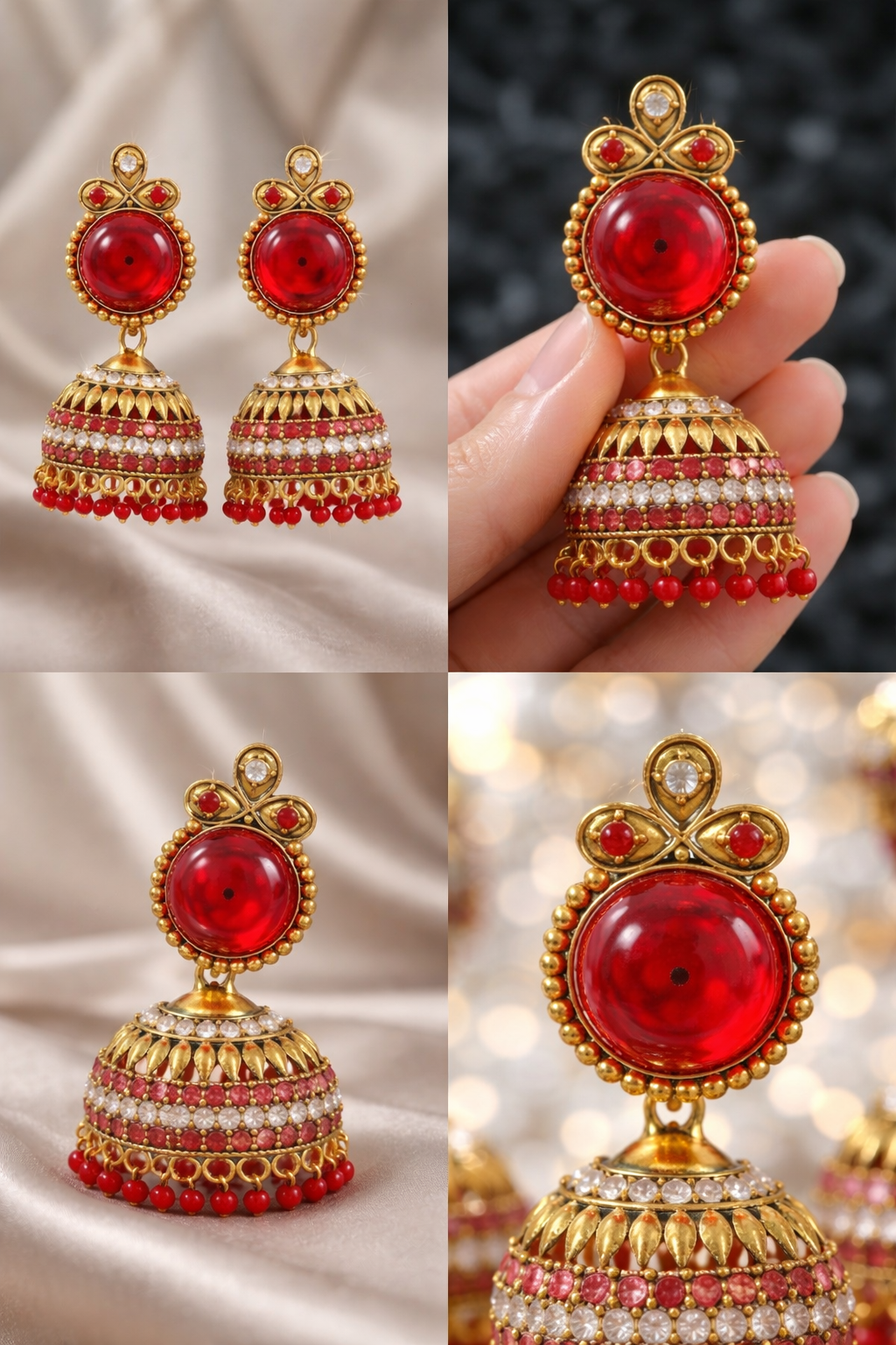 traditional pink stone gold plated jhumka earrings